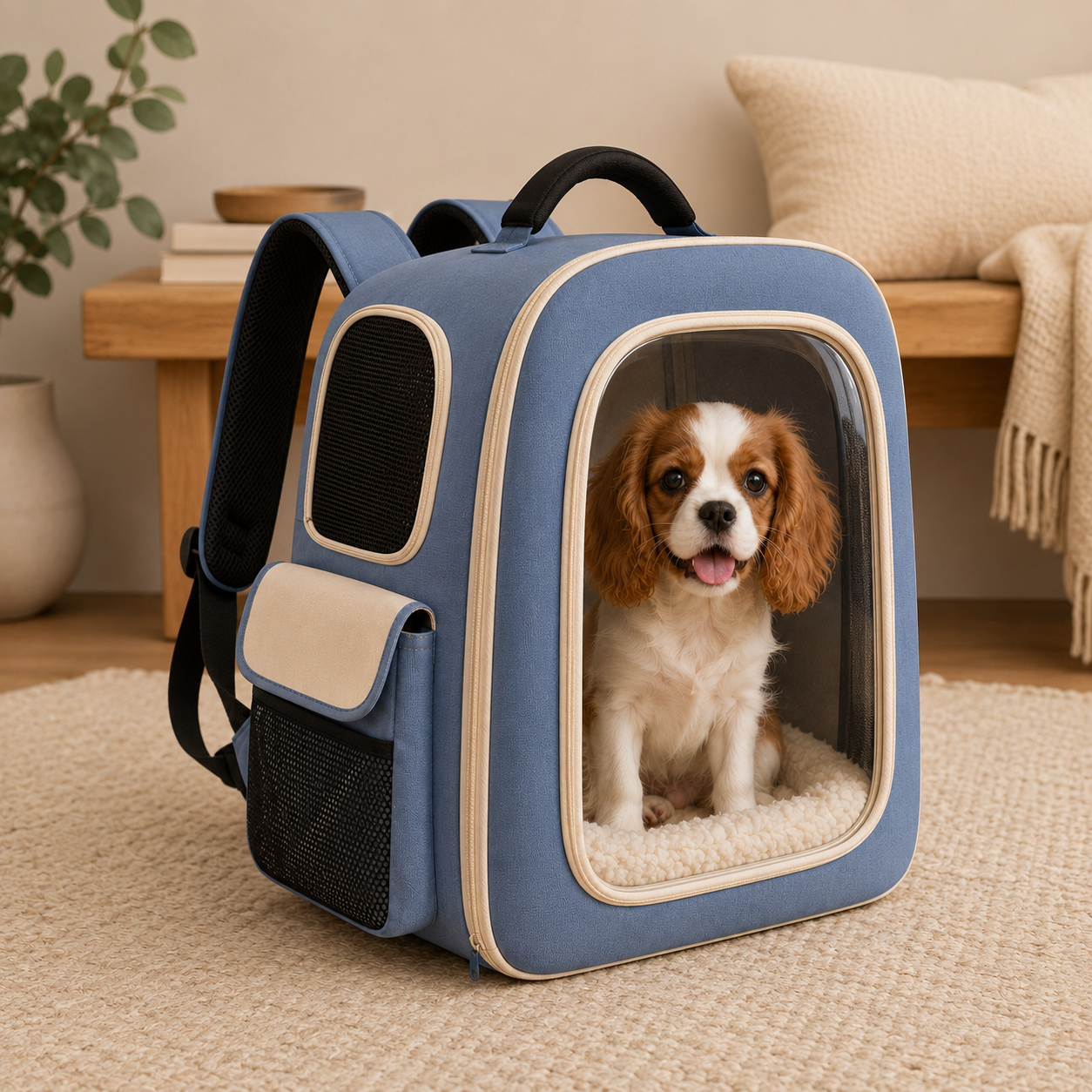 Dusty Blue Clear View Pet Carrier Backpack – Breathable Travel Backpack for Small Dogs & Cats with Soft Sherpa Cushion, Mesh Ventilation & Side Storage