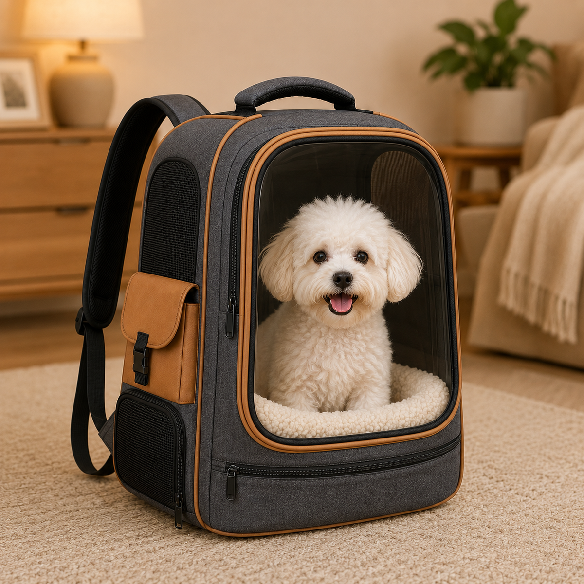 Charcoal Gray Clear View Pet Carrier Backpack – Breathable Travel Backpack for Small Dogs & Cats with Soft Sherpa Cushion, Mesh Ventilation & Side Storage