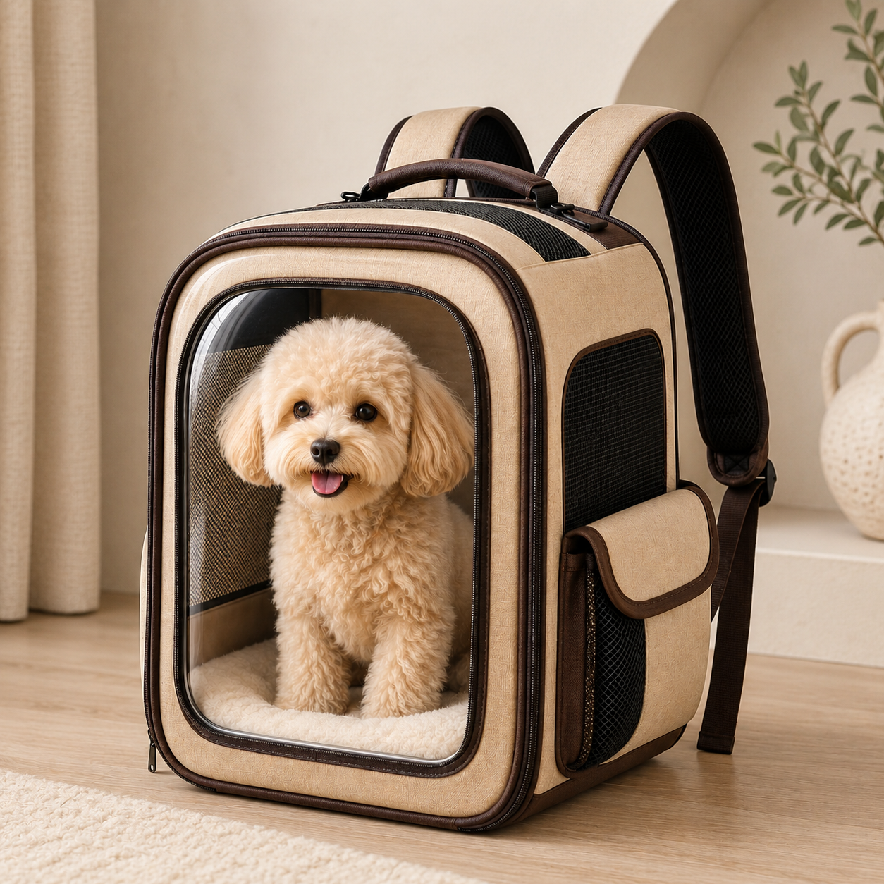 Clear View Beige Pet Carrier Backpack – Breathable Travel Backpack for Small Dogs & Cats with Mesh Ventilation, Soft Cushion & Side Pockets