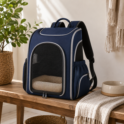 Navy Blue Breathable Pet Carrier Backpack for Cats & Small Dogs – Travel Backpack with Mesh Window, Side Pockets, Plush Cushion & Padded Shoulder Straps