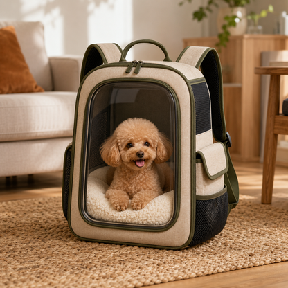Oatmeal Beige Clear View Pet Carrier Backpack – Breathable Travel Backpack for Small Dogs & Cats with Olive Trim, Soft Sherpa Cushion & Side Storage Pockets