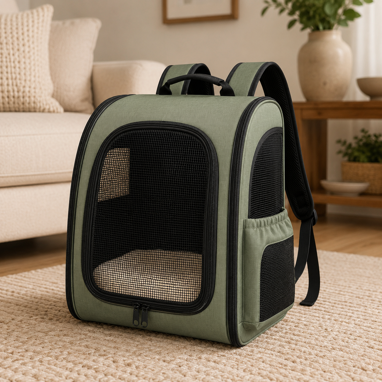 Sage Green Breathable Pet Carrier Backpack for Cats & Small Dogs – Soft Travel Backpack with Mesh Window, Ventilated Side Panels, Plush Cushion & Padded Shoulder Straps