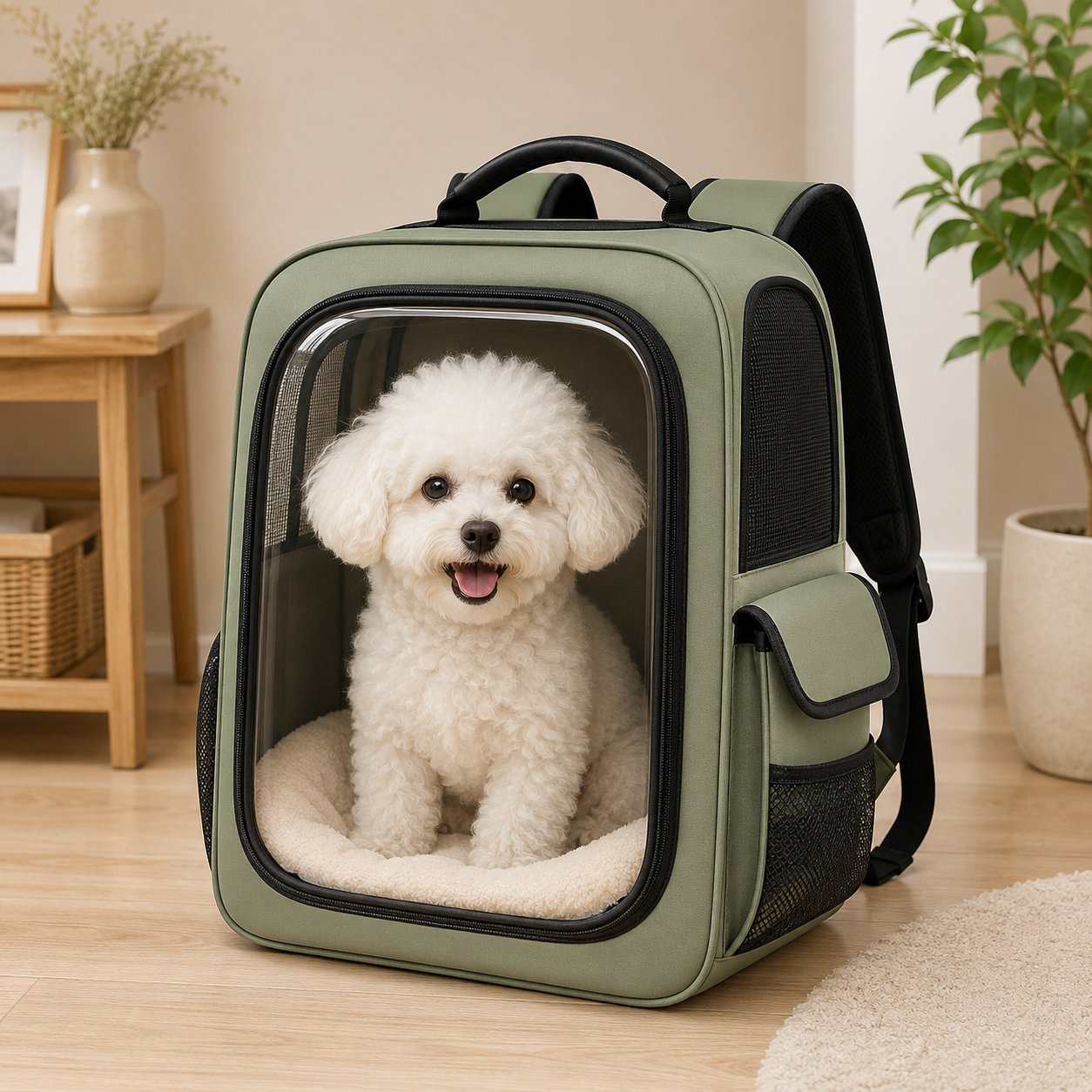Sage Green Clear View Pet Carrier Backpack – Breathable Travel Backpack for Small Dogs & Cats with Mesh Ventilation, Soft Cushion & Side Storage Pockets
