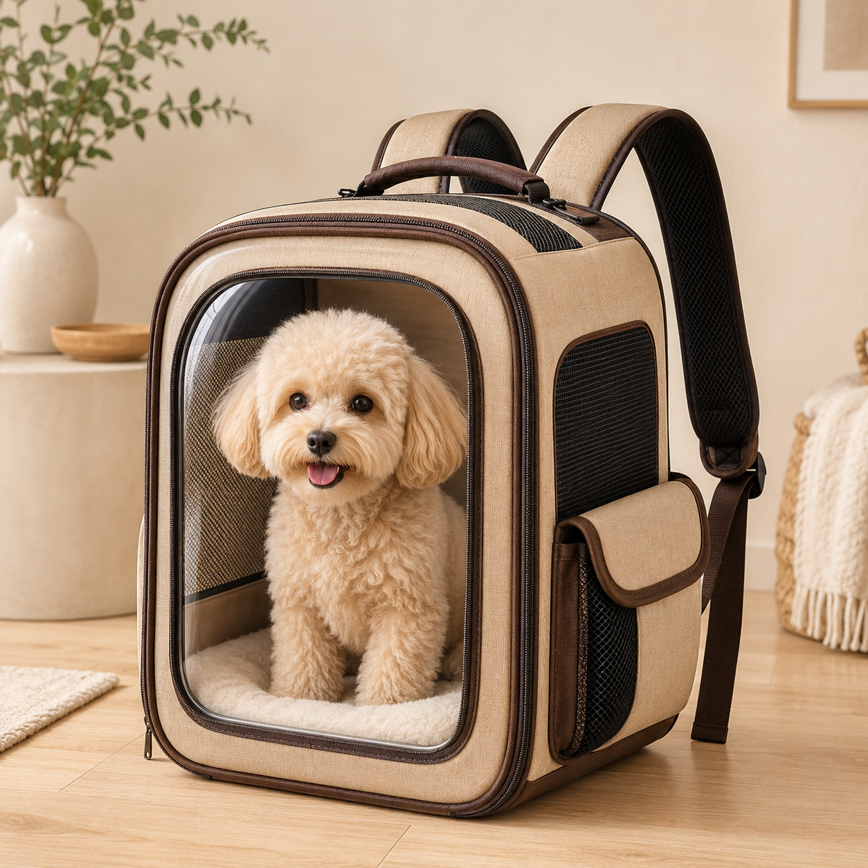 Clear View Beige Pet Carrier Backpack – Breathable Travel Backpack for Small Dogs & Cats with Mesh Ventilation, Soft Cushion & Side Pockets