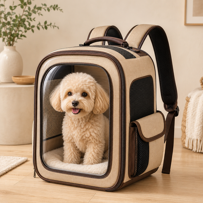 Clear View Beige Pet Carrier Backpack – Breathable Travel Backpack for Small Dogs & Cats with Mesh Ventilation, Soft Cushion & Side Pockets