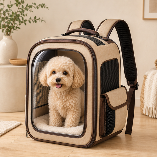 Clear View Beige Pet Carrier Backpack – Breathable Travel Backpack for Small Dogs & Cats with Mesh Ventilation, Soft Cushion & Side Pockets
