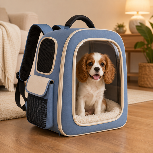 Dusty Blue Clear View Pet Carrier Backpack – Breathable Travel Backpack for Small Dogs & Cats with Soft Sherpa Cushion, Mesh Ventilation & Side Storage