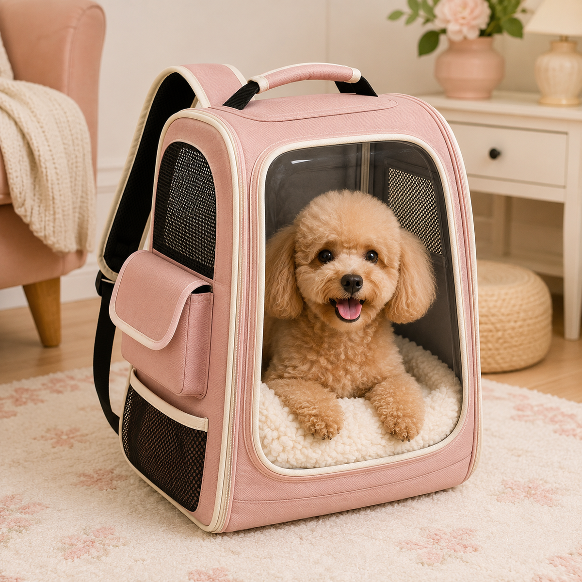 Pink Clear View Pet Carrier Backpack – Breathable Travel Backpack for Small Dogs & Cats with Soft Sherpa Cushion, Mesh Ventilation & Side Storage