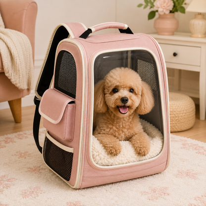 Pink Clear View Pet Carrier Backpack – Breathable Travel Backpack for Small Dogs & Cats with Soft Sherpa Cushion, Mesh Ventilation & Side Storage