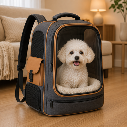 Charcoal Gray Clear View Pet Carrier Backpack – Breathable Travel Backpack for Small Dogs & Cats with Soft Sherpa Cushion, Mesh Ventilation & Side Storage