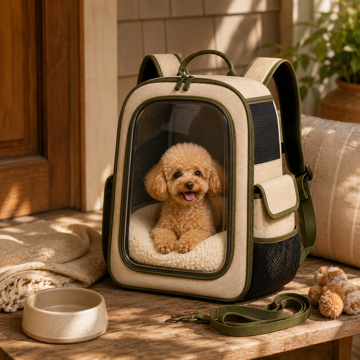 Oatmeal Beige Clear View Pet Carrier Backpack – Breathable Travel Backpack for Small Dogs & Cats with Olive Trim, Soft Sherpa Cushion & Side Storage Pockets