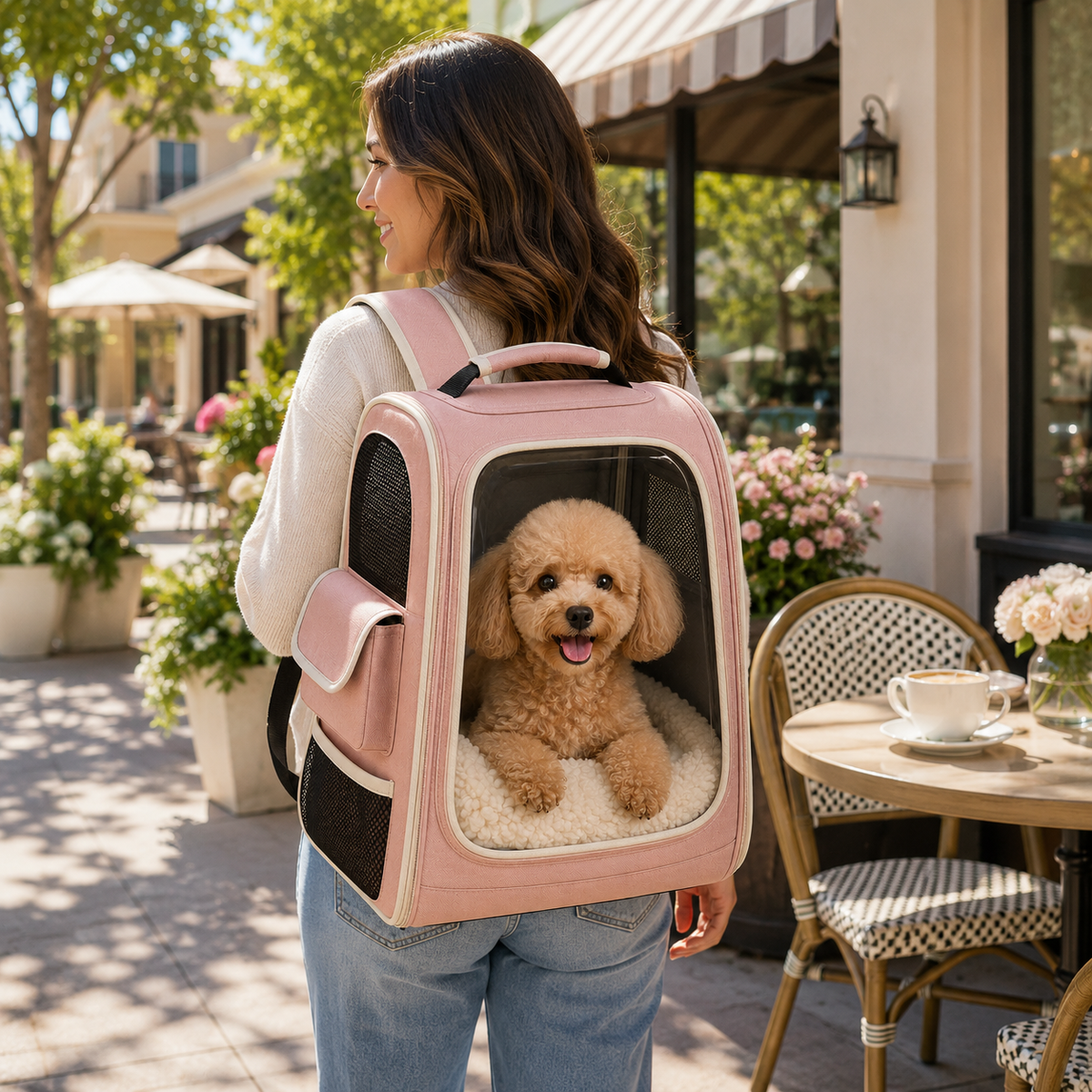 Pink Clear View Pet Carrier Backpack – Breathable Travel Backpack for Small Dogs & Cats with Soft Sherpa Cushion, Mesh Ventilation & Side Storage