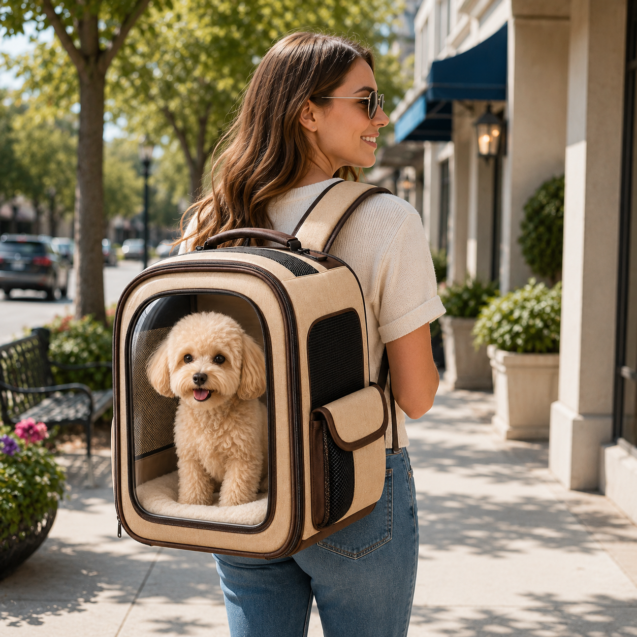 Clear View Beige Pet Carrier Backpack – Breathable Travel Backpack for Small Dogs & Cats with Mesh Ventilation, Soft Cushion & Side Pockets