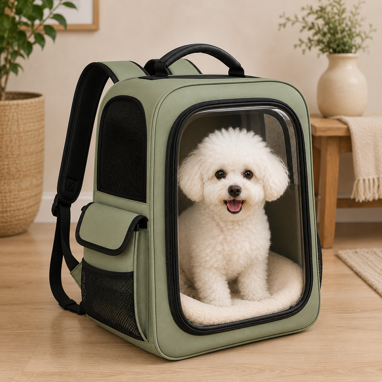 Sage Green Clear View Pet Carrier Backpack – Breathable Travel Backpack for Small Dogs & Cats with Mesh Ventilation, Soft Cushion & Side Storage Pockets