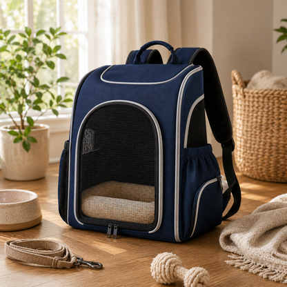 Navy Blue Breathable Pet Carrier Backpack for Cats & Small Dogs – Travel Backpack with Mesh Window, Side Pockets, Plush Cushion & Padded Shoulder Straps
