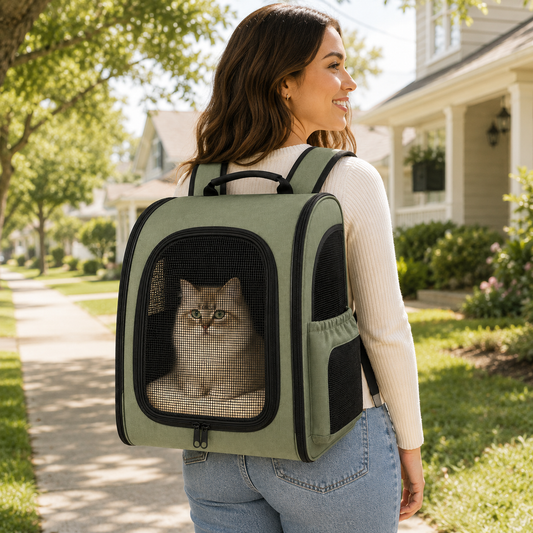 Sage Green Breathable Pet Carrier Backpack for Cats & Small Dogs – Soft Travel Backpack with Mesh Window, Ventilated Side Panels, Plush Cushion & Padded Shoulder Straps