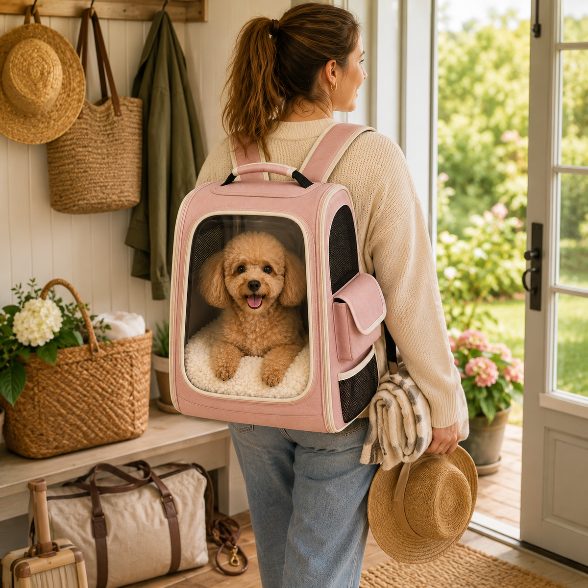 Pink Clear View Pet Carrier Backpack – Breathable Travel Backpack for Small Dogs & Cats with Soft Sherpa Cushion, Mesh Ventilation & Side Storage