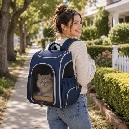Navy Blue Breathable Pet Carrier Backpack for Cats & Small Dogs – Travel Backpack with Mesh Window, Side Pockets, Plush Cushion & Padded Shoulder Straps