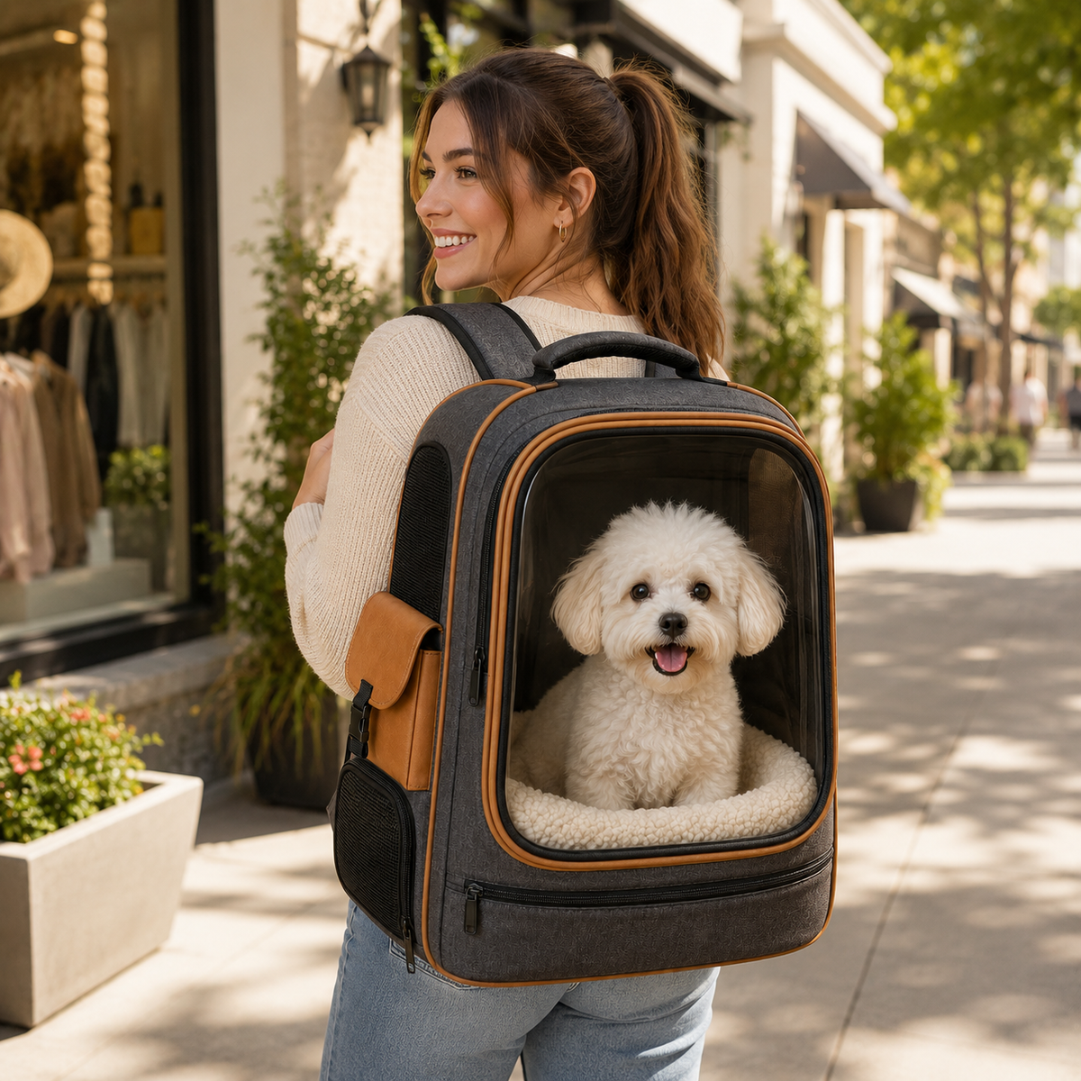 Charcoal Gray Clear View Pet Carrier Backpack – Breathable Travel Backpack for Small Dogs & Cats with Soft Sherpa Cushion, Mesh Ventilation & Side Storage