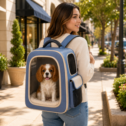Dusty Blue Clear View Pet Carrier Backpack – Breathable Travel Backpack for Small Dogs & Cats with Soft Sherpa Cushion, Mesh Ventilation & Side Storage