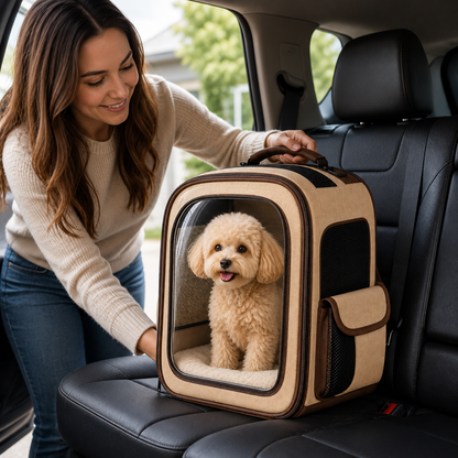 Clear View Beige Pet Carrier Backpack – Breathable Travel Backpack for Small Dogs & Cats with Mesh Ventilation, Soft Cushion & Side Pockets