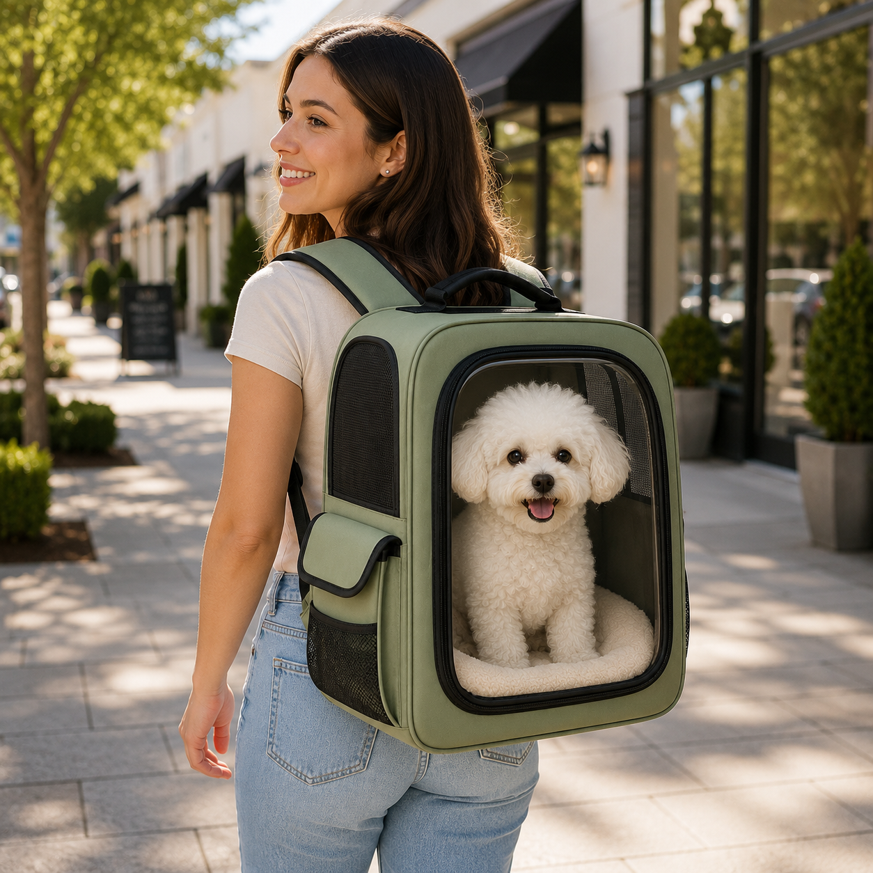 Sage Green Clear View Pet Carrier Backpack – Breathable Travel Backpack for Small Dogs & Cats with Mesh Ventilation, Soft Cushion & Side Storage Pockets