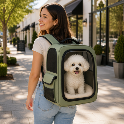 Sage Green Clear View Pet Carrier Backpack – Breathable Travel Backpack for Small Dogs & Cats with Mesh Ventilation, Soft Cushion & Side Storage Pockets