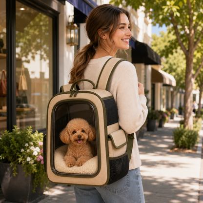 Oatmeal Beige Clear View Pet Carrier Backpack – Breathable Travel Backpack for Small Dogs & Cats with Olive Trim, Soft Sherpa Cushion & Side Storage Pockets