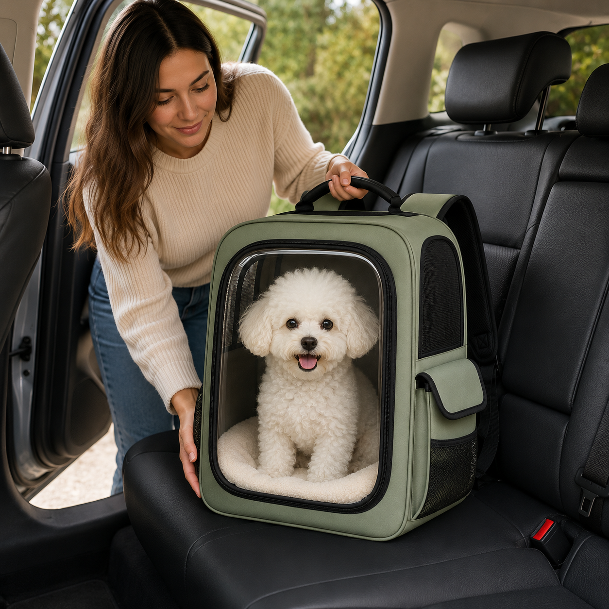 Sage Green Clear View Pet Carrier Backpack – Breathable Travel Backpack for Small Dogs & Cats with Mesh Ventilation, Soft Cushion & Side Storage Pockets
