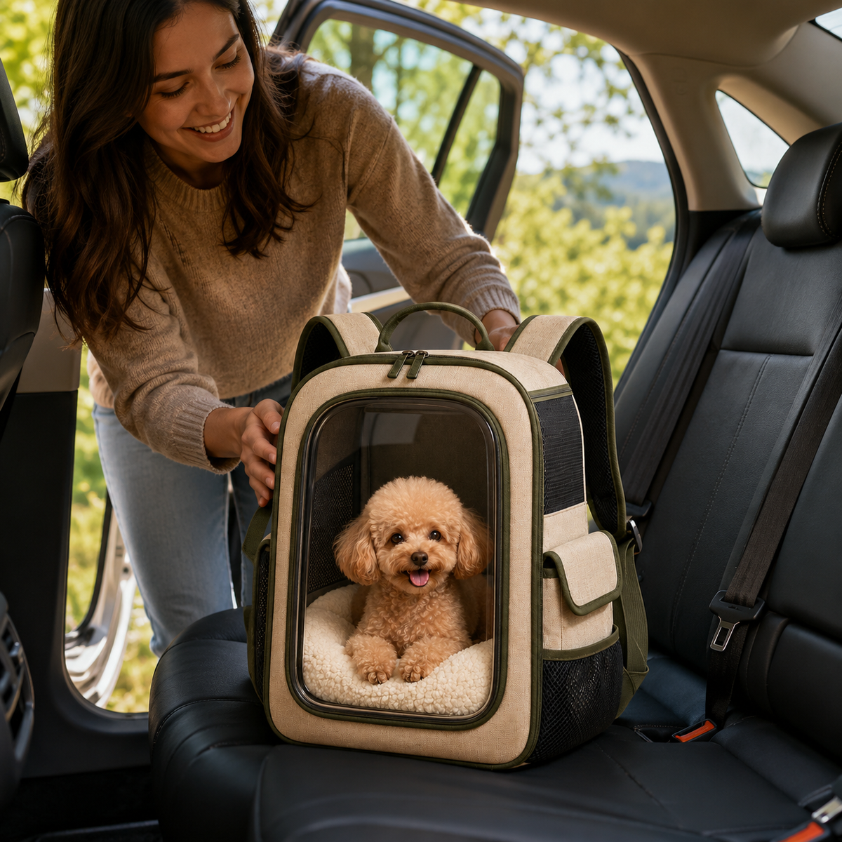 Oatmeal Beige Clear View Pet Carrier Backpack – Breathable Travel Backpack for Small Dogs & Cats with Olive Trim, Soft Sherpa Cushion & Side Storage Pockets