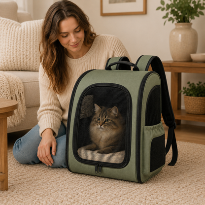 Sage Green Breathable Pet Carrier Backpack for Cats & Small Dogs – Soft Travel Backpack with Mesh Window, Ventilated Side Panels, Plush Cushion & Padded Shoulder Straps