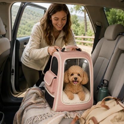 Pink Clear View Pet Carrier Backpack – Breathable Travel Backpack for Small Dogs & Cats with Soft Sherpa Cushion, Mesh Ventilation & Side Storage