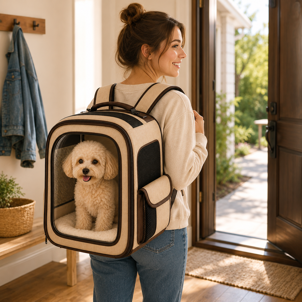 Clear View Beige Pet Carrier Backpack – Breathable Travel Backpack for Small Dogs & Cats with Mesh Ventilation, Soft Cushion & Side Pockets