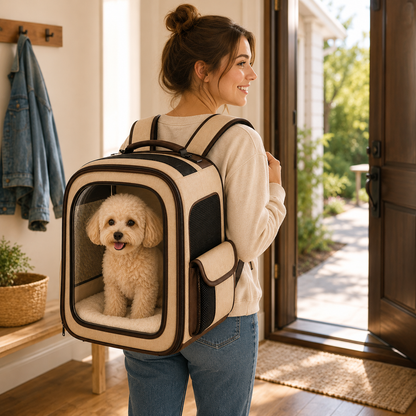 Clear View Beige Pet Carrier Backpack – Breathable Travel Backpack for Small Dogs & Cats with Mesh Ventilation, Soft Cushion & Side Pockets
