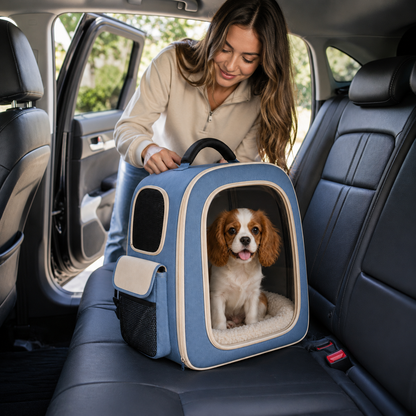 Dusty Blue Clear View Pet Carrier Backpack – Breathable Travel Backpack for Small Dogs & Cats with Soft Sherpa Cushion, Mesh Ventilation & Side Storage