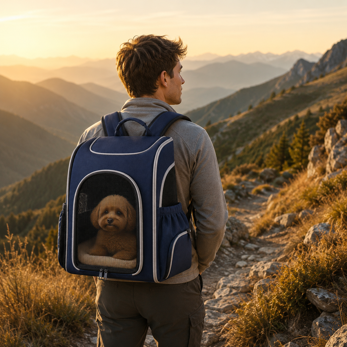 Navy Blue Breathable Pet Carrier Backpack for Cats & Small Dogs – Travel Backpack with Mesh Window, Side Pockets, Plush Cushion & Padded Shoulder Straps