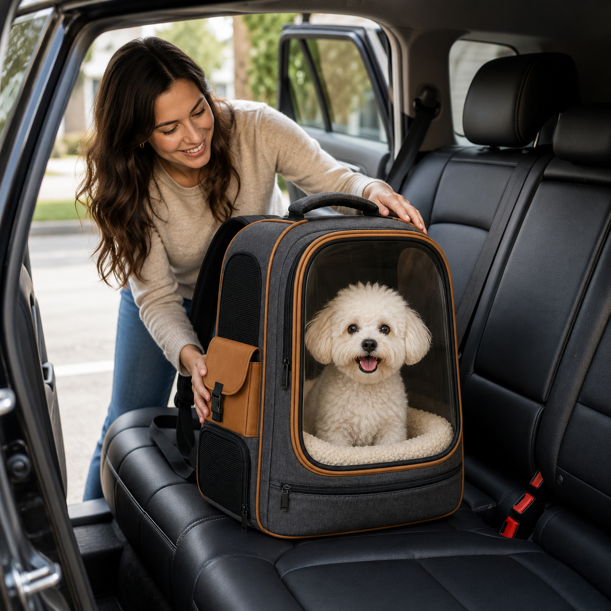 Charcoal Gray Clear View Pet Carrier Backpack – Breathable Travel Backpack for Small Dogs & Cats with Soft Sherpa Cushion, Mesh Ventilation & Side Storage