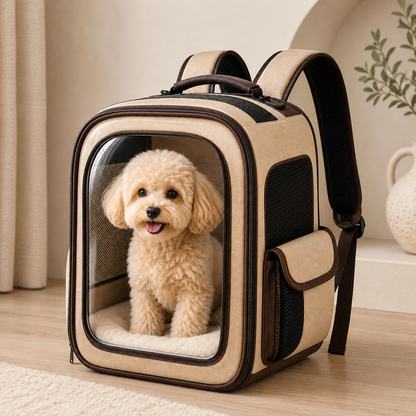 Clear View Beige Pet Carrier Backpack – Breathable Travel Backpack for Small Dogs & Cats with Mesh Ventilation, Soft Cushion & Side Pockets