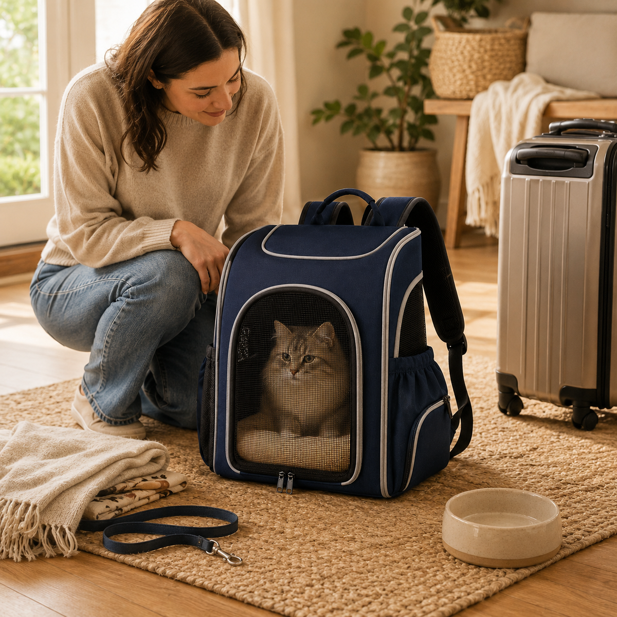 Navy Blue Breathable Pet Carrier Backpack for Cats & Small Dogs – Travel Backpack with Mesh Window, Side Pockets, Plush Cushion & Padded Shoulder Straps