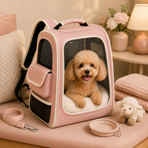 Pink Clear View Pet Carrier Backpack – Breathable Travel Backpack for Small Dogs & Cats with Soft Sherpa Cushion, Mesh Ventilation & Side Storage