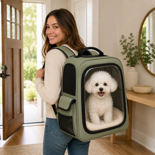 Sage Green Clear View Pet Carrier Backpack – Breathable Travel Backpack for Small Dogs & Cats with Mesh Ventilation, Soft Cushion & Side Storage Pockets