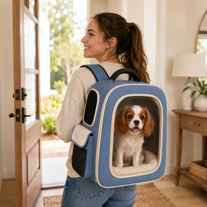 Dusty Blue Clear View Pet Carrier Backpack – Breathable Travel Backpack for Small Dogs & Cats with Soft Sherpa Cushion, Mesh Ventilation & Side Storage
