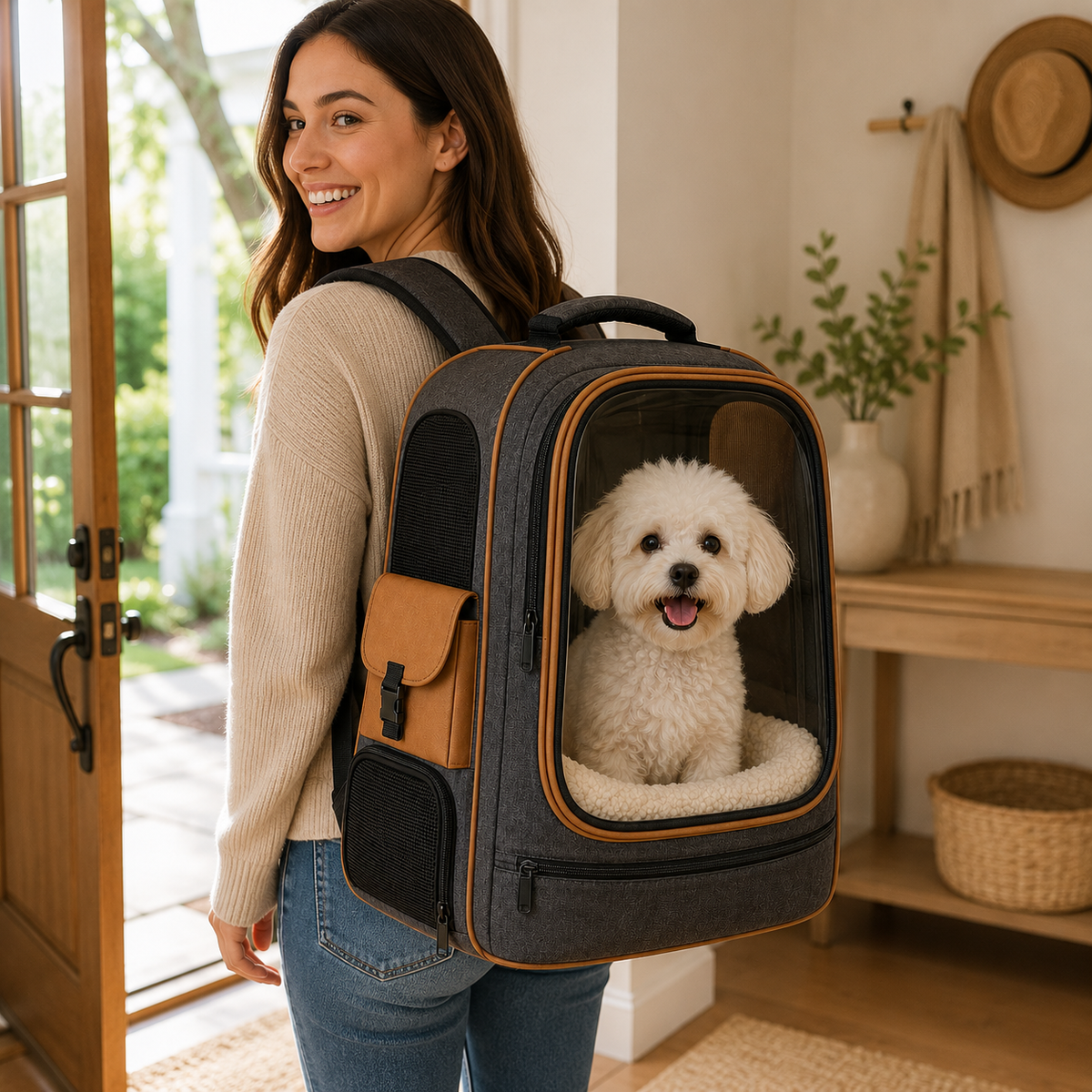 Charcoal Gray Clear View Pet Carrier Backpack – Breathable Travel Backpack for Small Dogs & Cats with Soft Sherpa Cushion, Mesh Ventilation & Side Storage