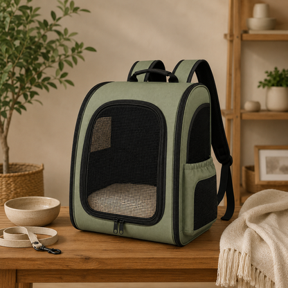 Sage Green Breathable Pet Carrier Backpack for Cats & Small Dogs – Soft Travel Backpack with Mesh Window, Ventilated Side Panels, Plush Cushion & Padded Shoulder Straps