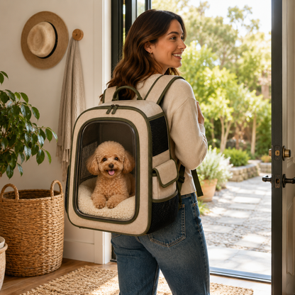 Oatmeal Beige Clear View Pet Carrier Backpack – Breathable Travel Backpack for Small Dogs & Cats with Olive Trim, Soft Sherpa Cushion & Side Storage Pockets